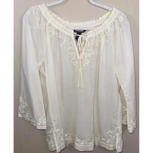 Lucky Brand Top Women's White Sheer 3/4-sleeve trim Elastic Neck Drawstring New